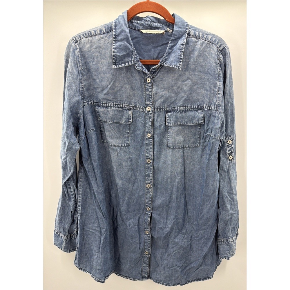 Soft Surroundings Denim Button Down Tunic Top‎ XL Shirt Boho Blue Lightweight